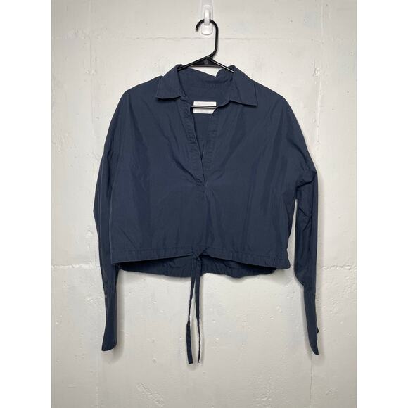 Mijeong Park Womens Navy Boxy Blouse Cropped Drawstring Collared Shirt Size XS - Picture 1 of 7